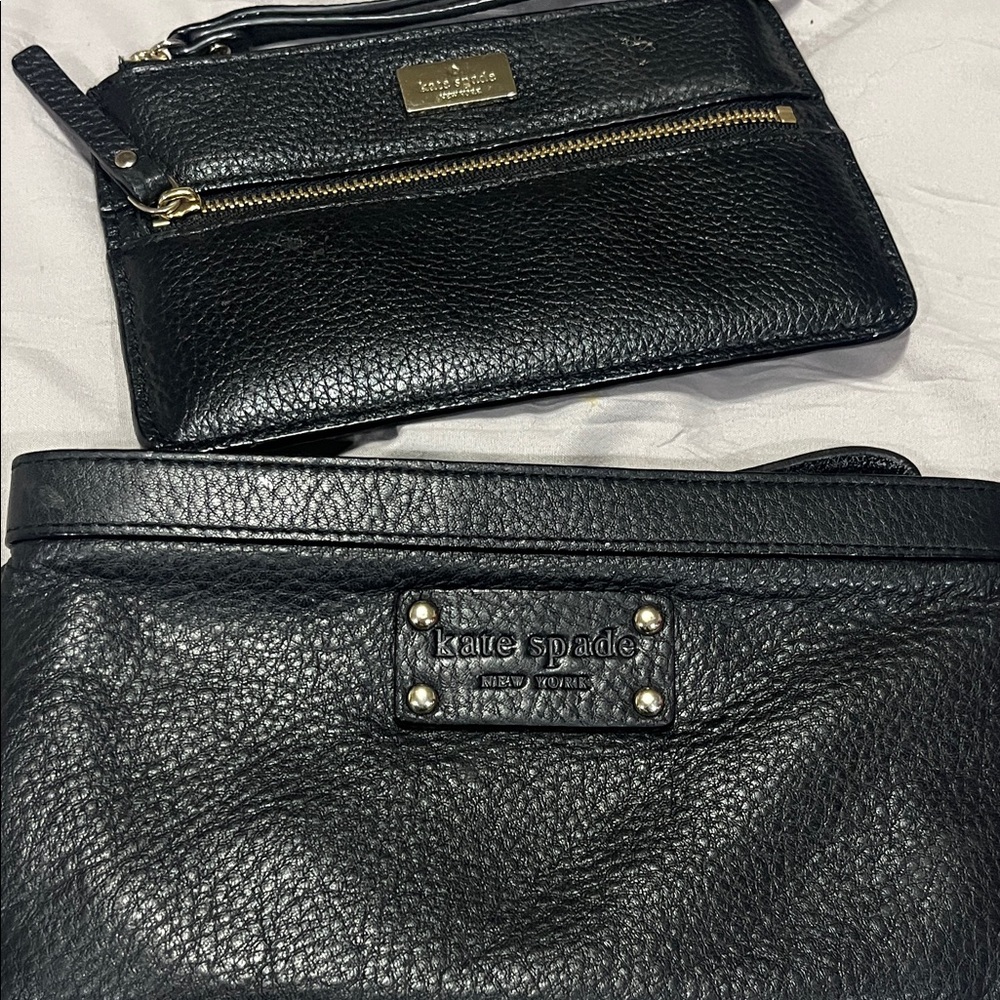 kate spade Black Pebbled Leather Wristlet Set with Gold Hardware